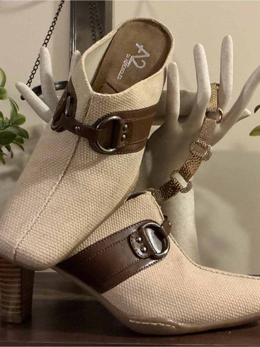A2 By Aerosoles Cream Canvas Mule with Brown Buckle Strap